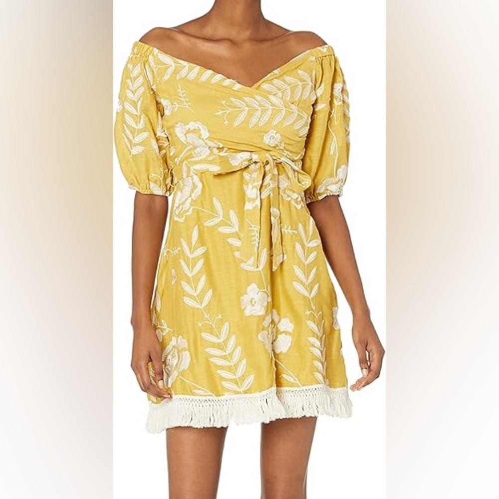 BCBGMaxAzria Mustard Floral Off-Shoulder Dress